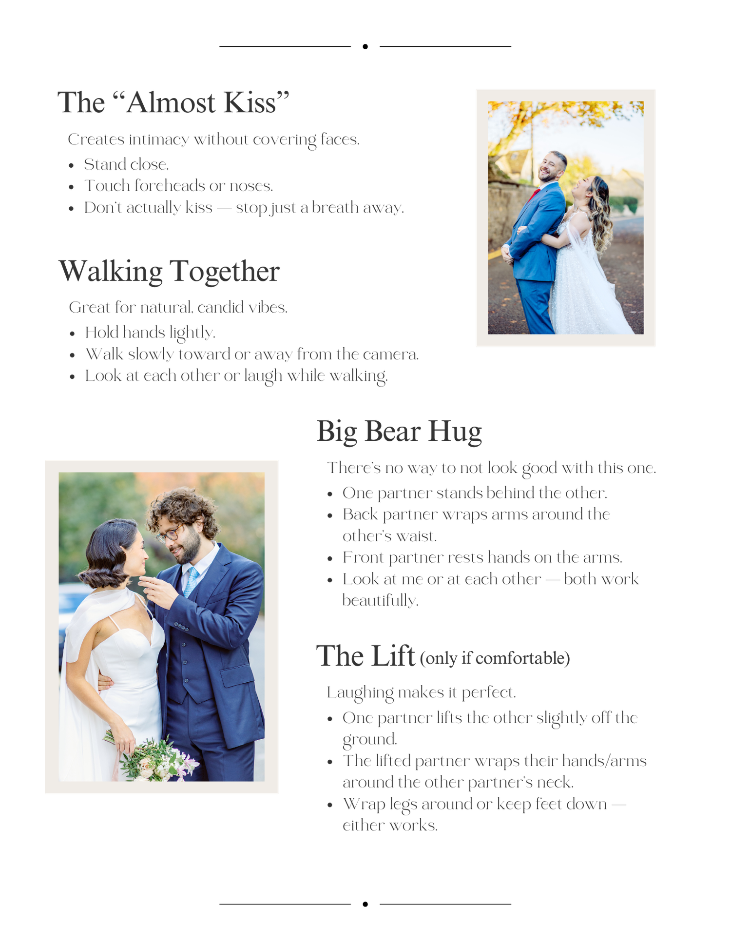 Photography guide demonstrating romantic couple poses including the 'Almost Kiss' and 'Walking Together'.