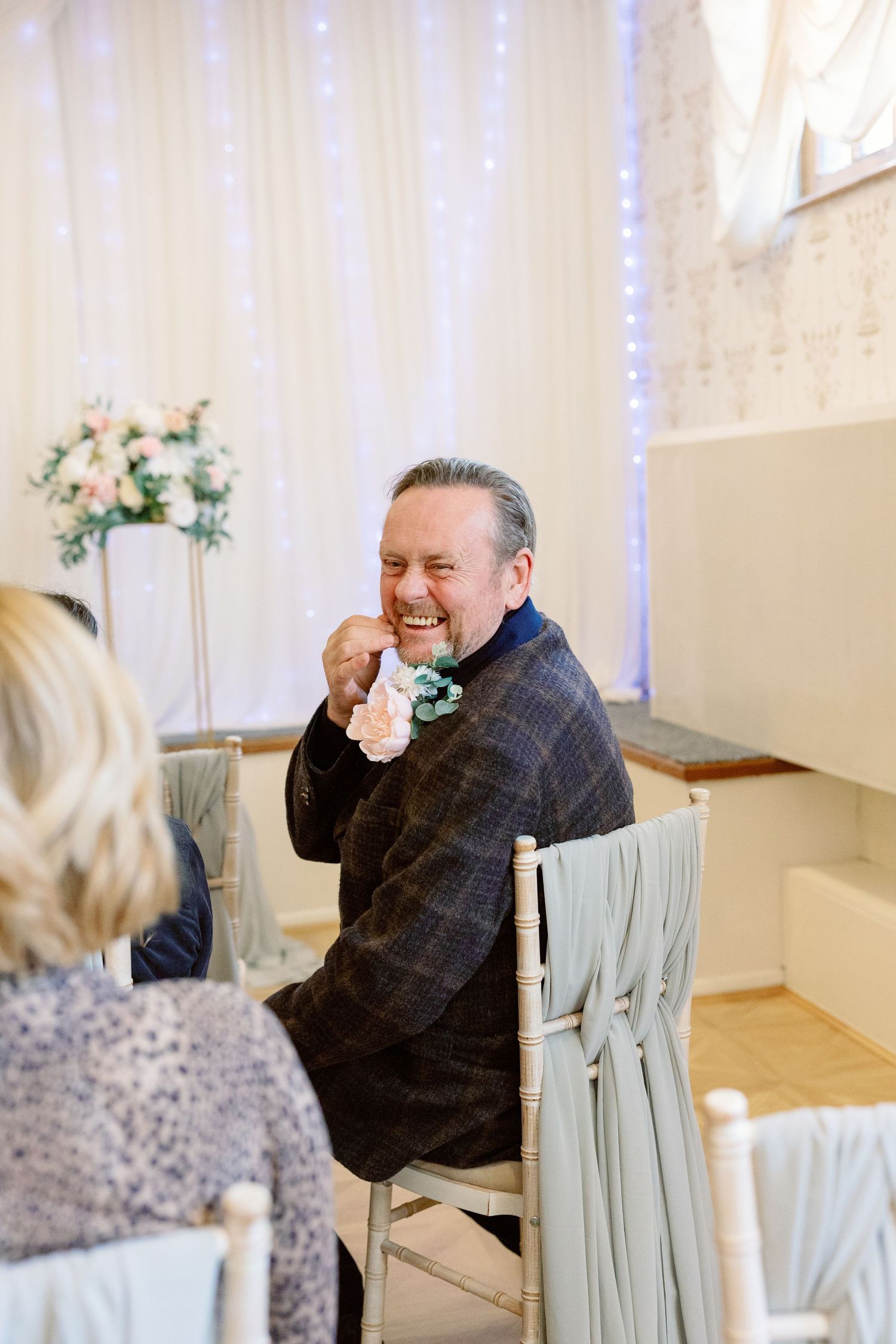 Series of candid shots showing joyful moments in a bright white room with decorative curtains.