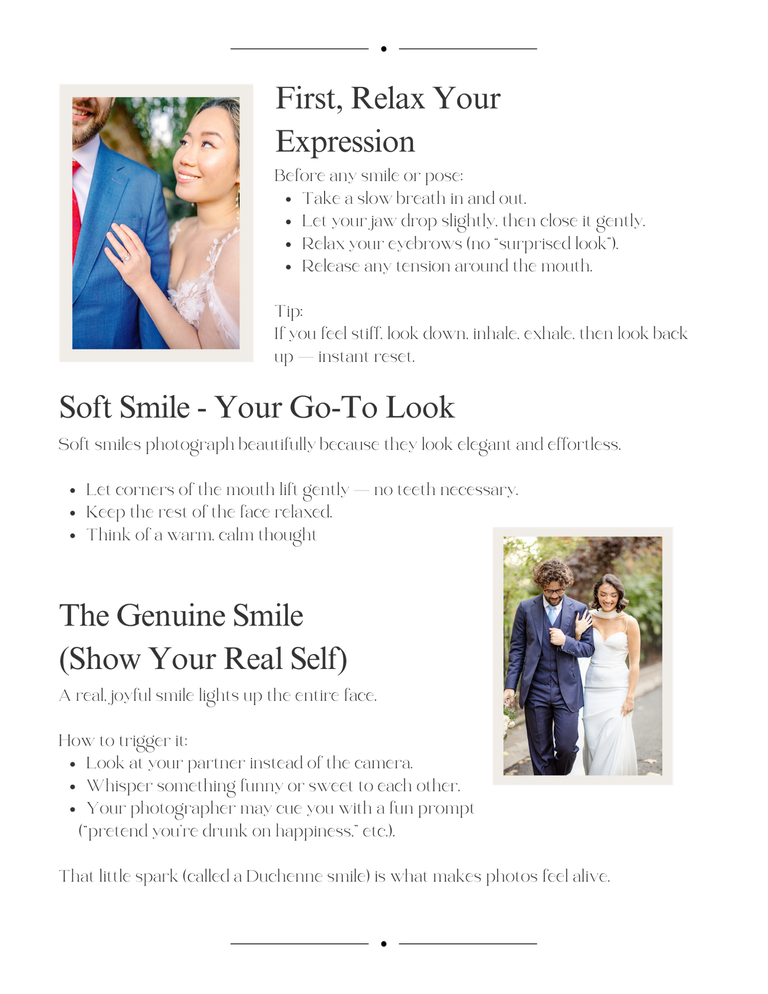 Wedding photography guide showing tips for capturing natural smiles and expressions.