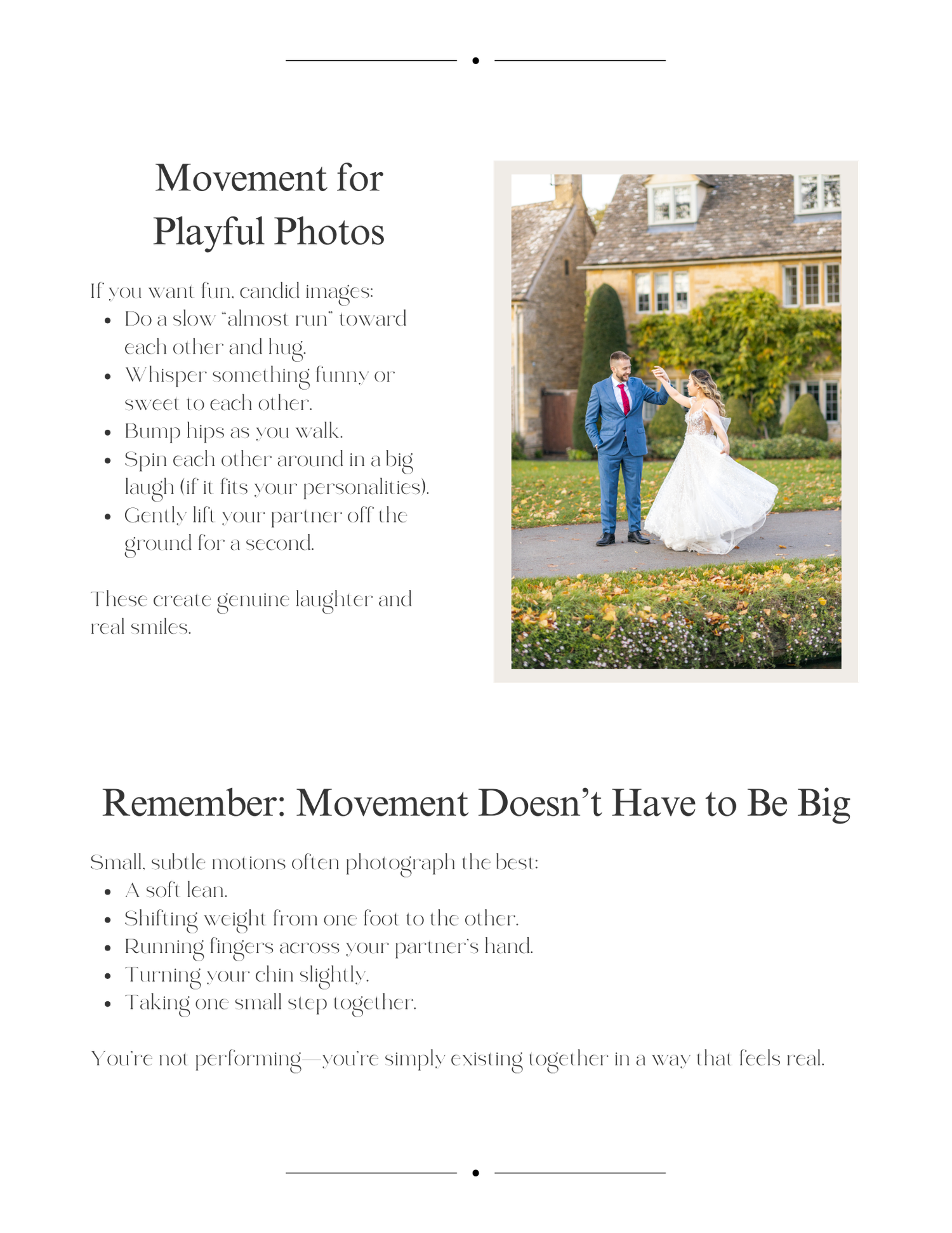 Photography guide explaining how to capture playful movement in wedding photos.
