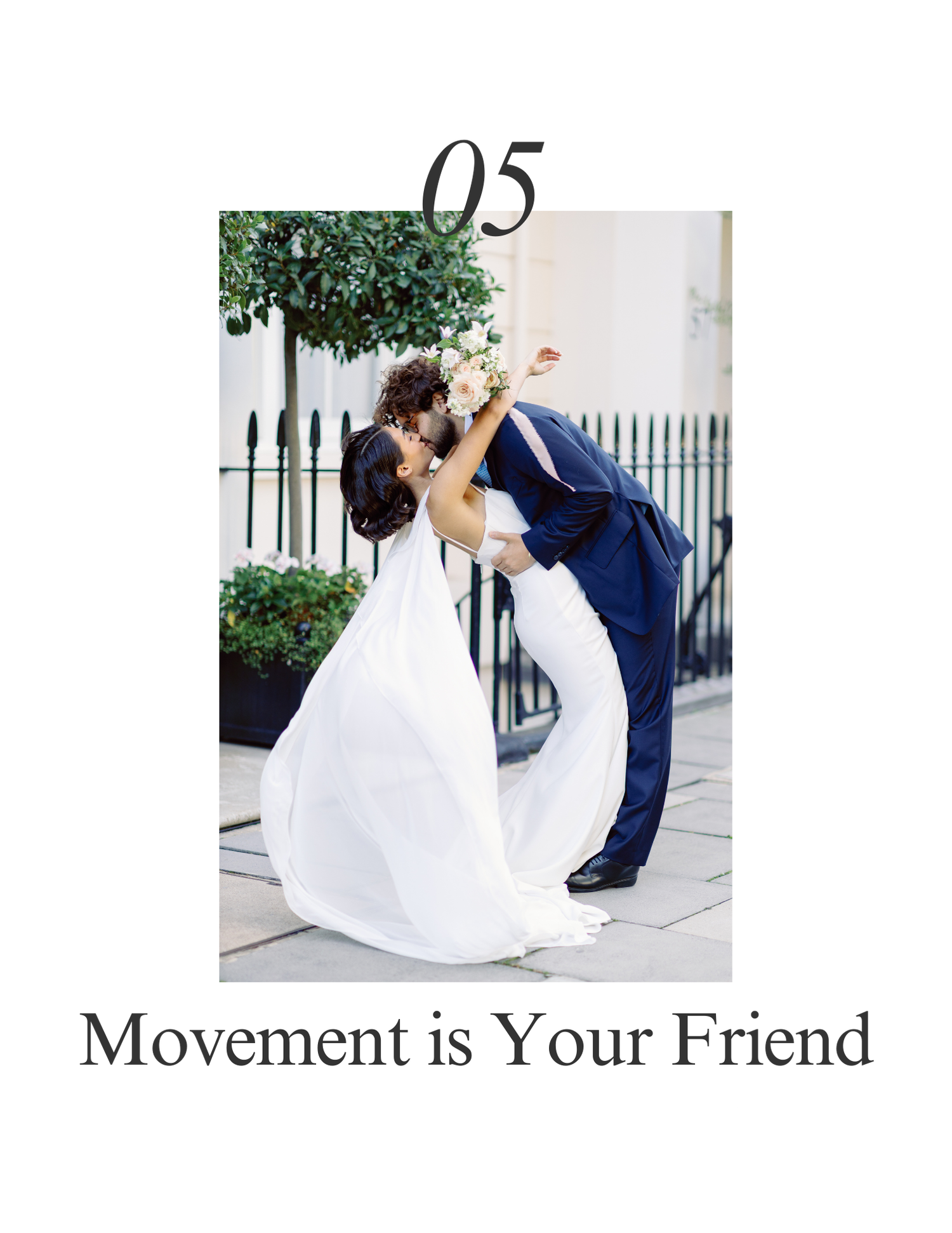 Series of wedding photos demonstrating movement and flow with a bride's dress in outdoor settings.