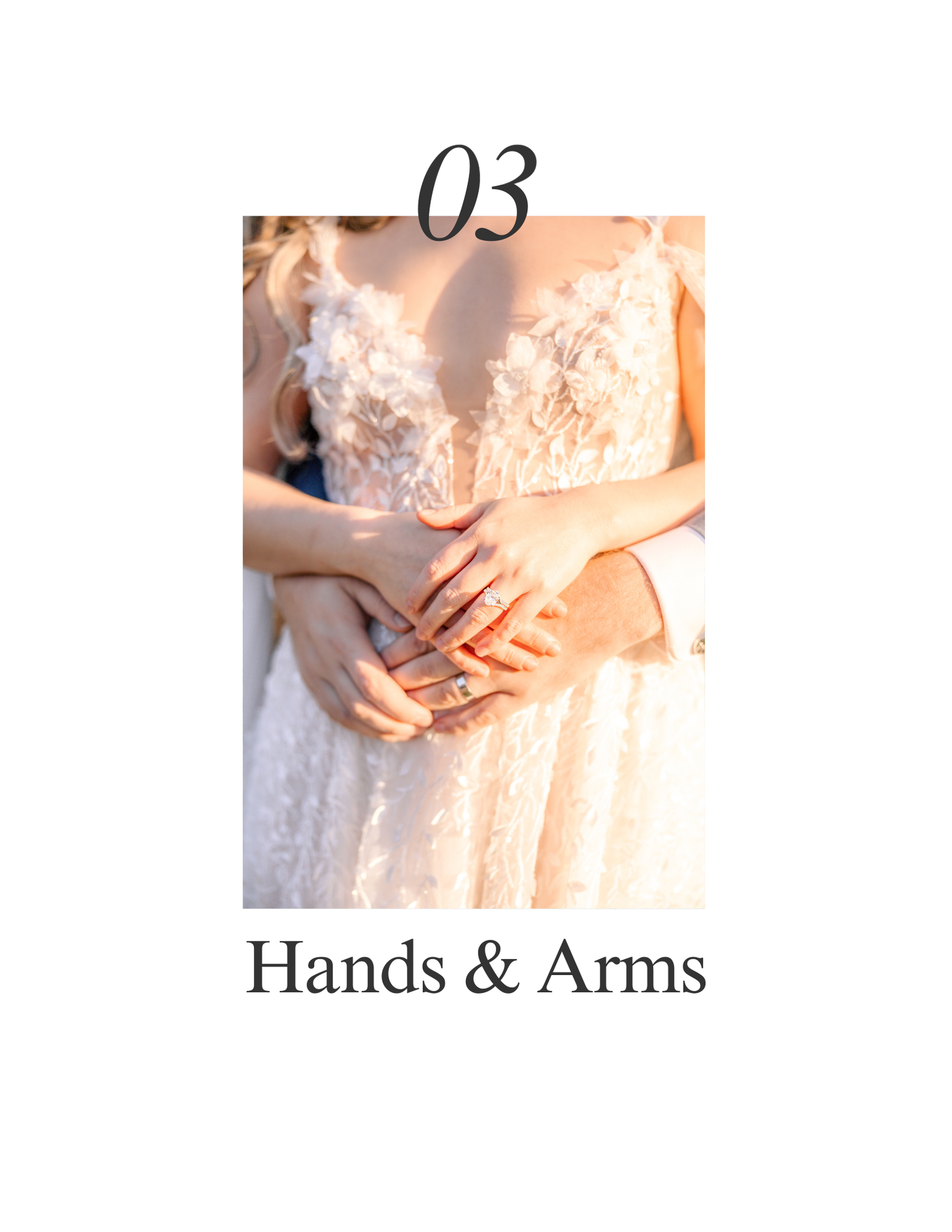 Wedding photography guide section focused on hands and arms posing techniques.