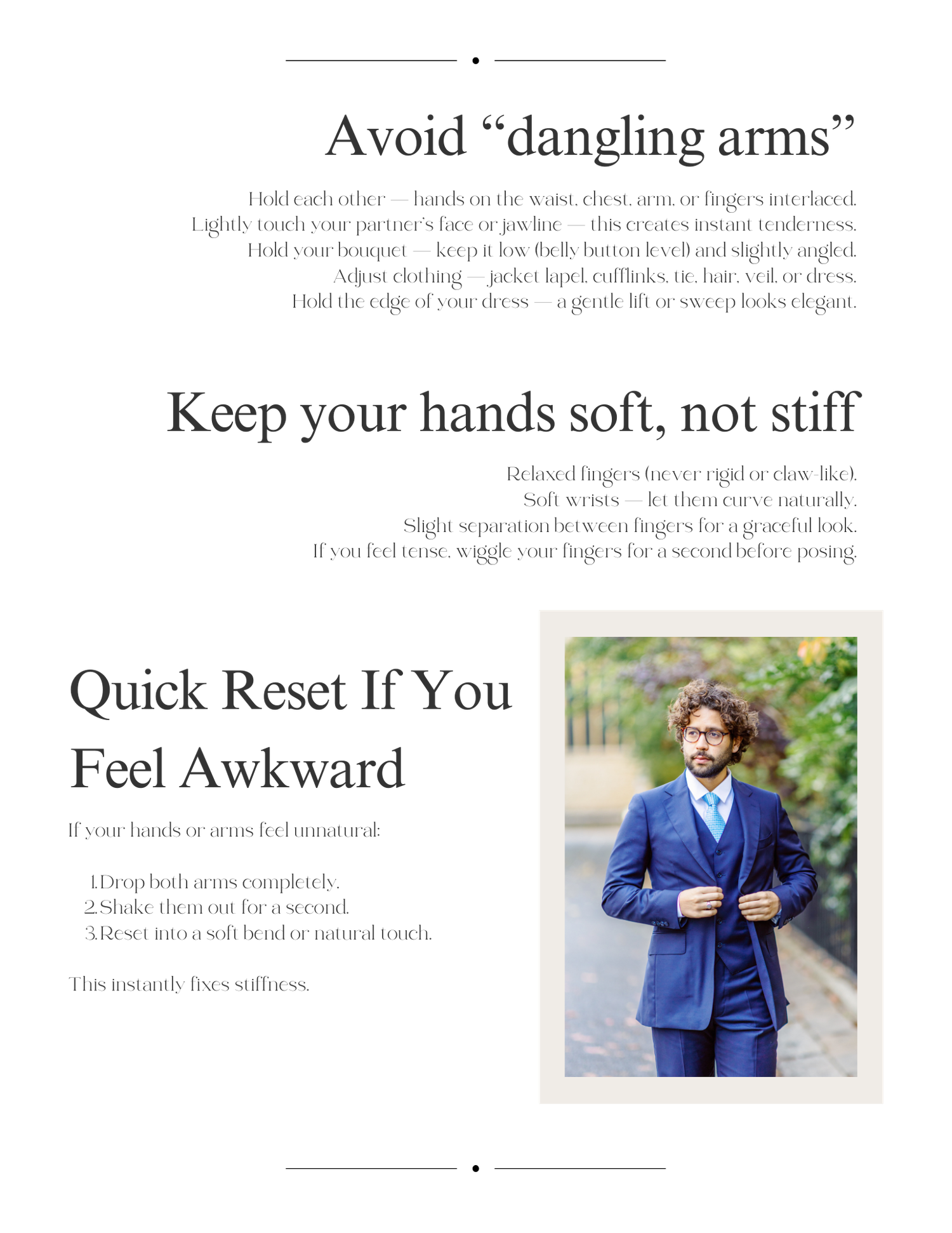Photography posing guide with tips for natural arm positions and handling awkward moments.