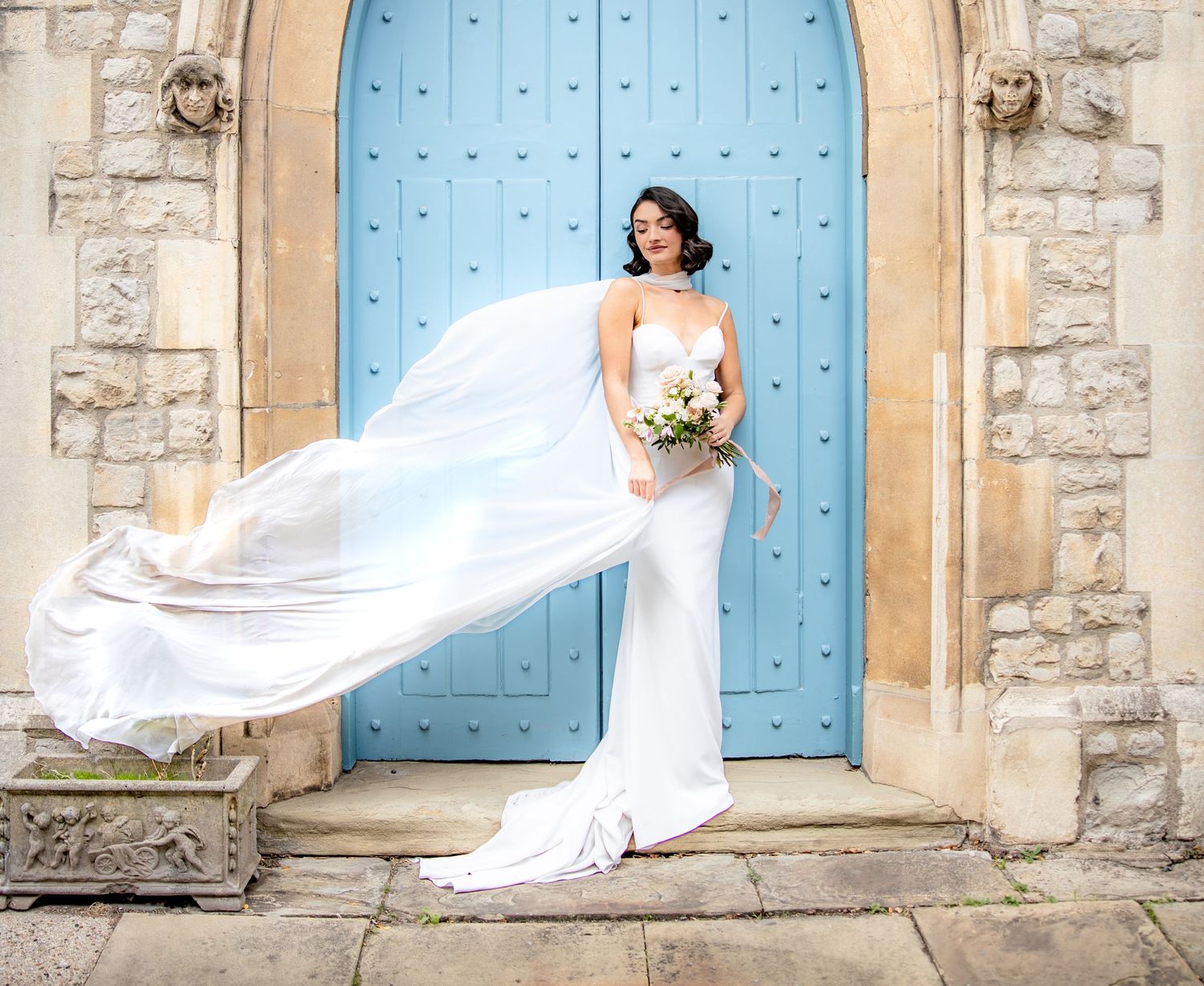 A wedding photo sequence against a blue church door with flowing white dress.