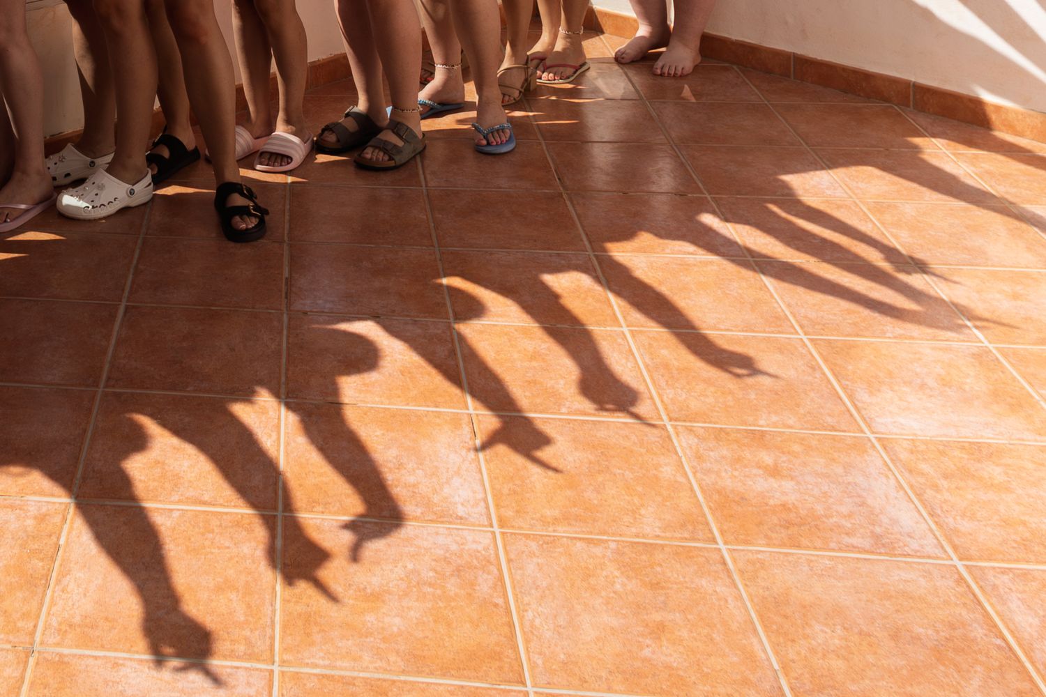 Shadows of people standing in a line cast on terracotta floor tiles in bright sunlight.