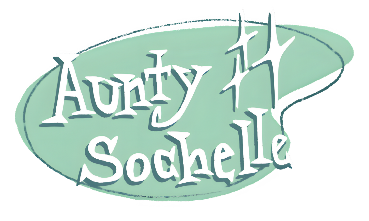 Retro-style mint green logo design for Aunty Sochelle with stylized text and decorative star accents.
