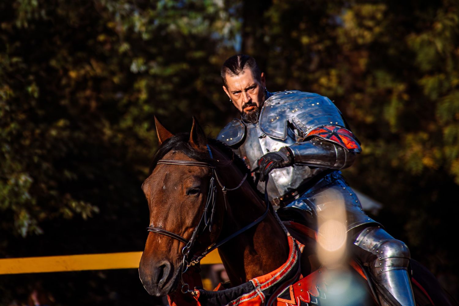Knight in shining armor riding a brown horse during a medieval jousting tournament competition.