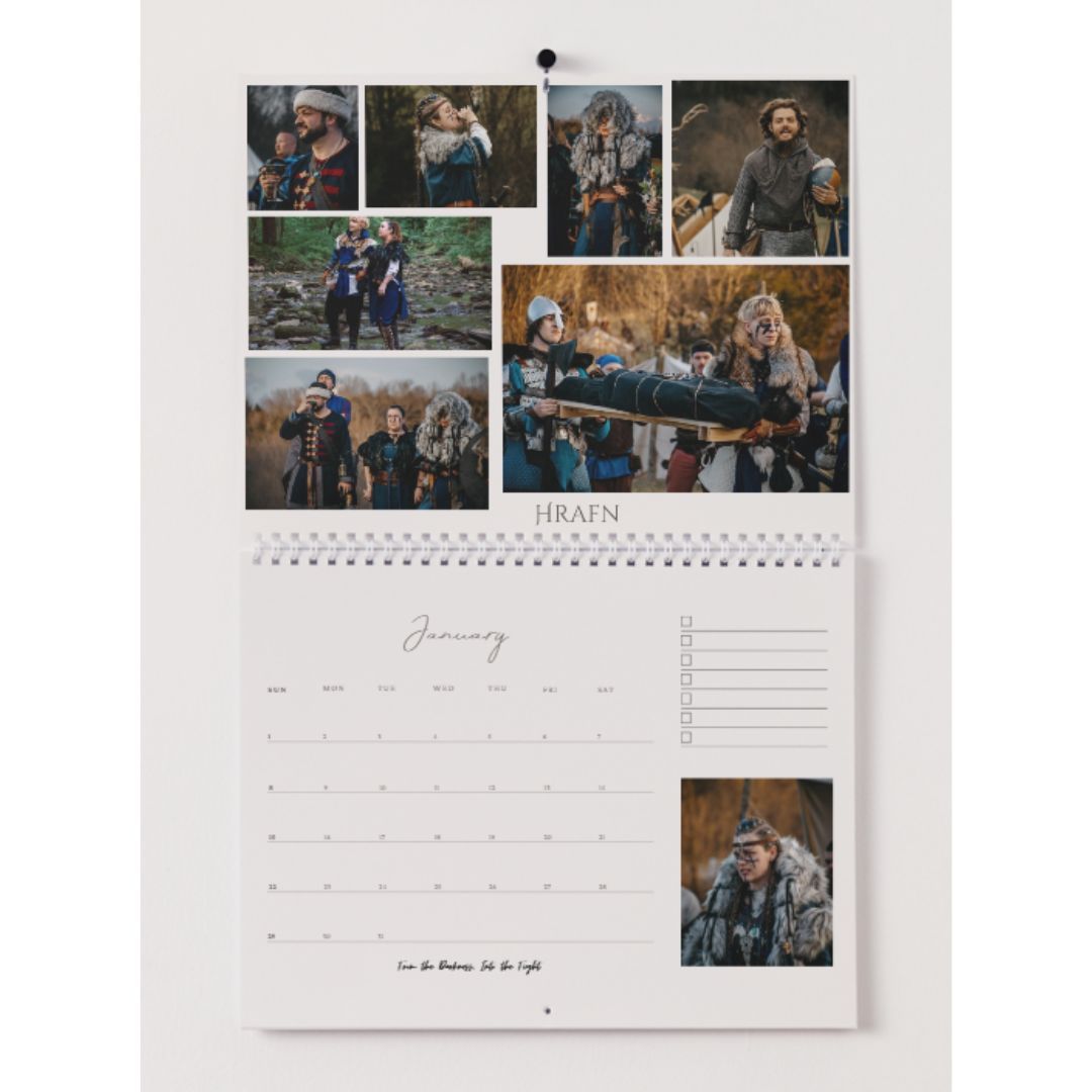 A wall calendar displaying multiple photo layouts with dates and a spiral binding on white background.