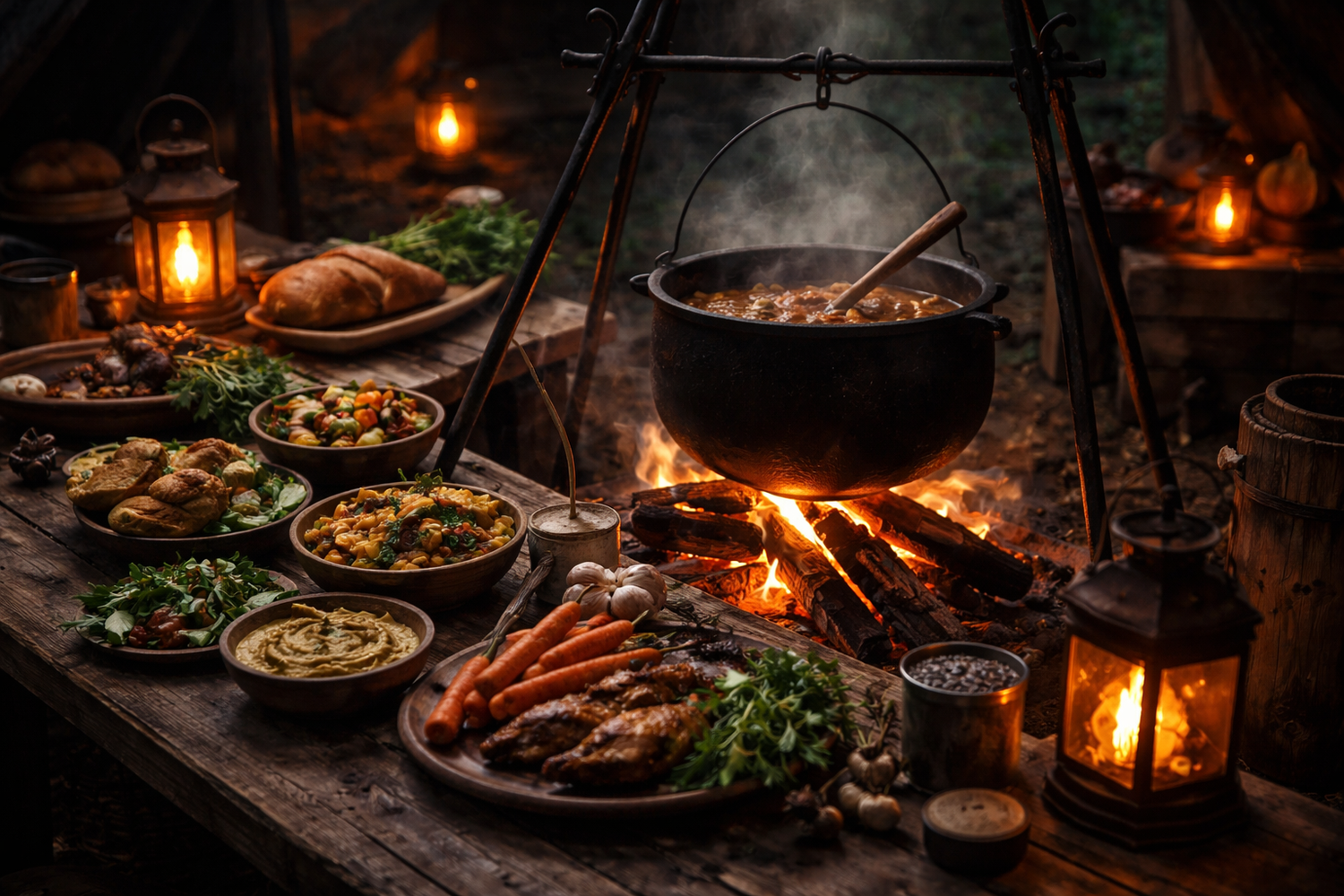 Rustic medieval feast with cauldron cooking over open fire, surrounded by lanterns and various dishes on wooden table.