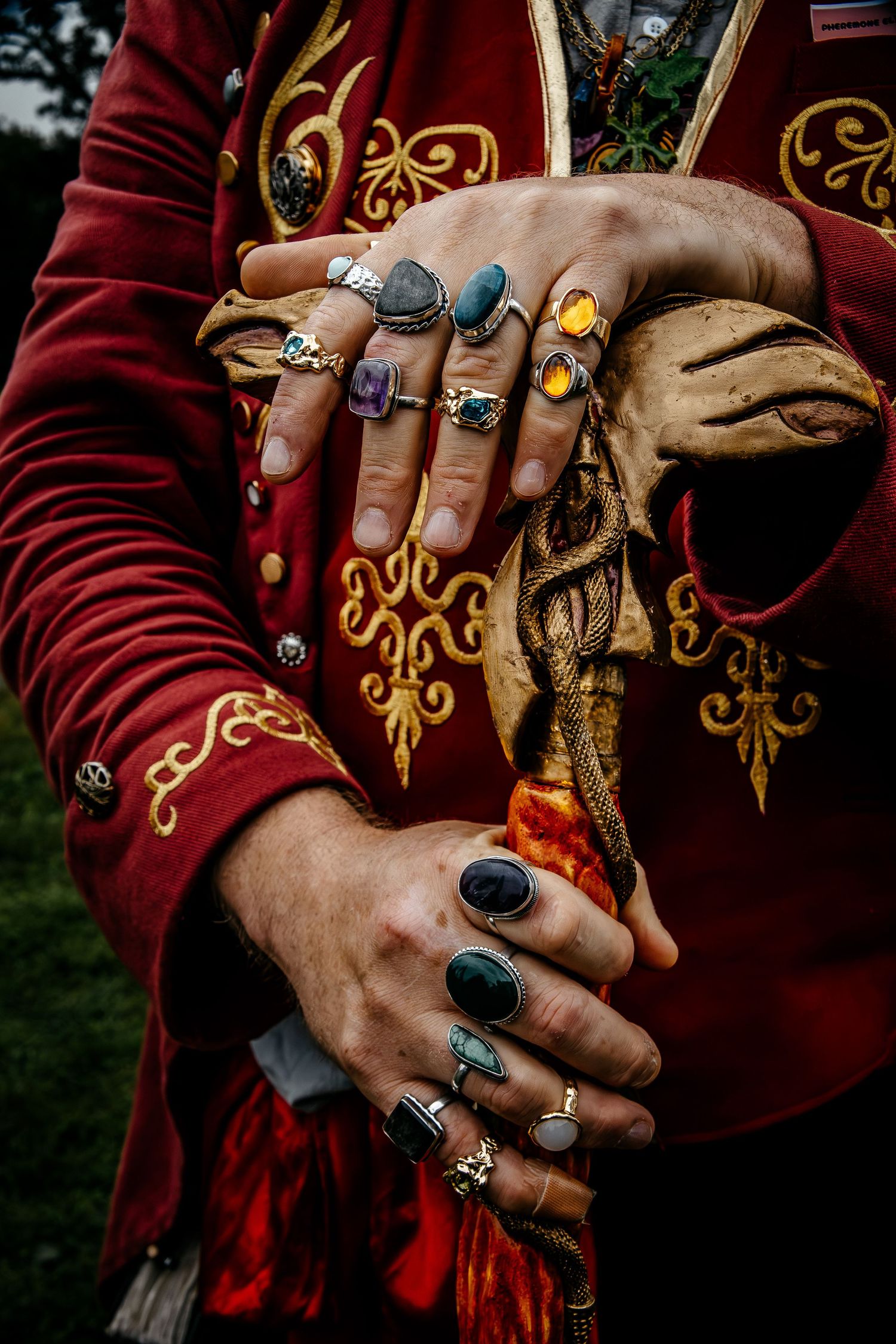 Hands adorned with multiple gemstone rings holding a skull, wearing a red embroidered jacket with gold detailing.