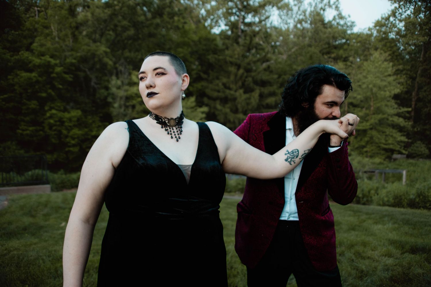 A series of dance partners performing elegant spins and dips in an outdoor garden setting.