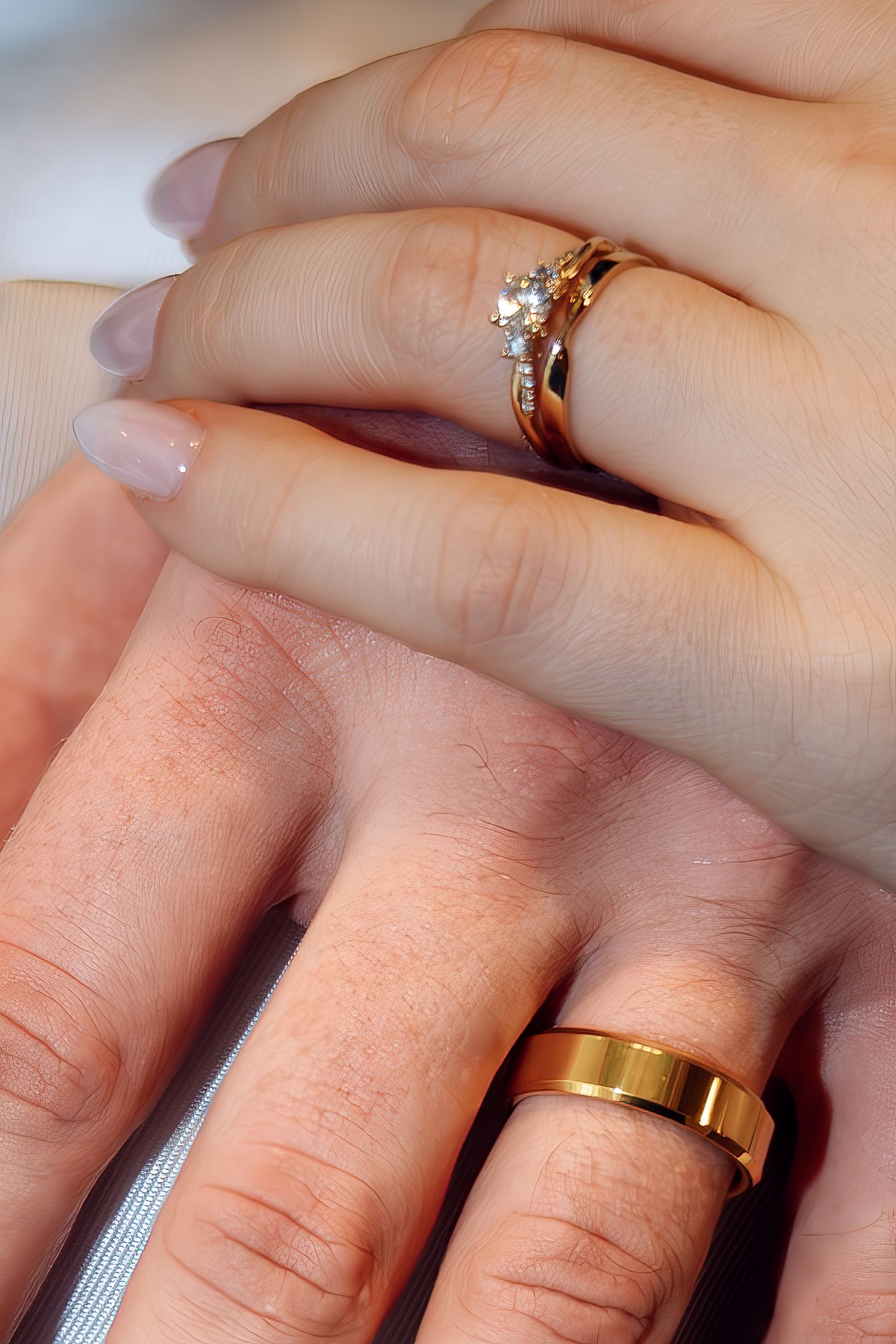 Two hands wearing gold wedding rings, one with a diamond engagement ring, symbolizing marriage and commitment.