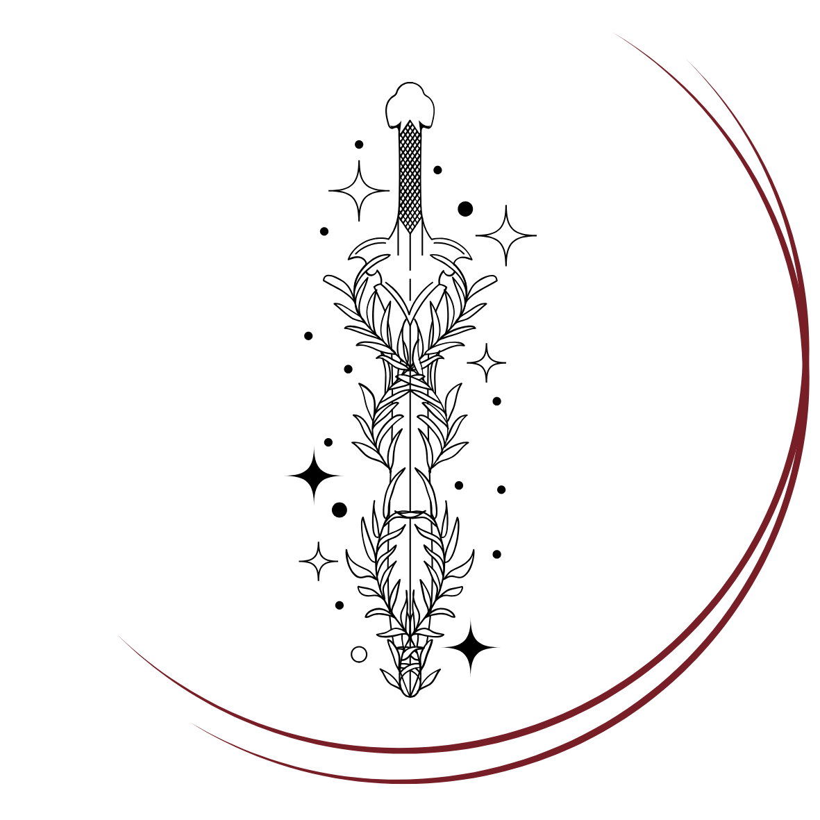 Minimalist line art design featuring decorative flourishes and stars in black and red.