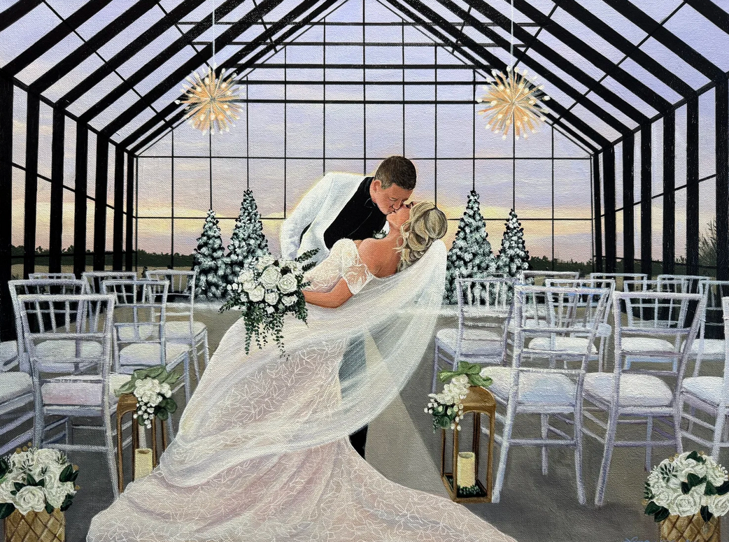 Wedding ceremony setup in a modern black and white striped venue with white chairs and floral decorations.