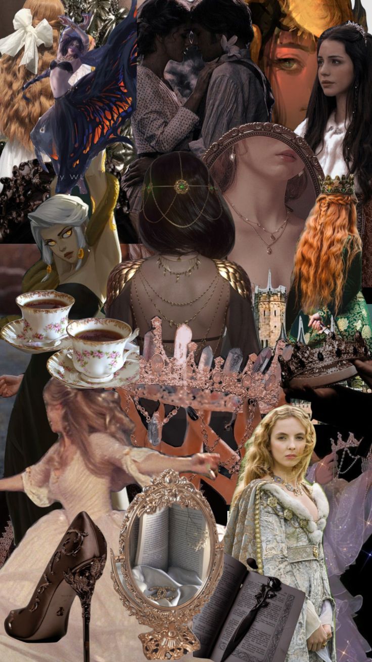 A collage of vintage-inspired fantasy portraits featuring ornate costumes, teacups, and decorative elements in muted tones.