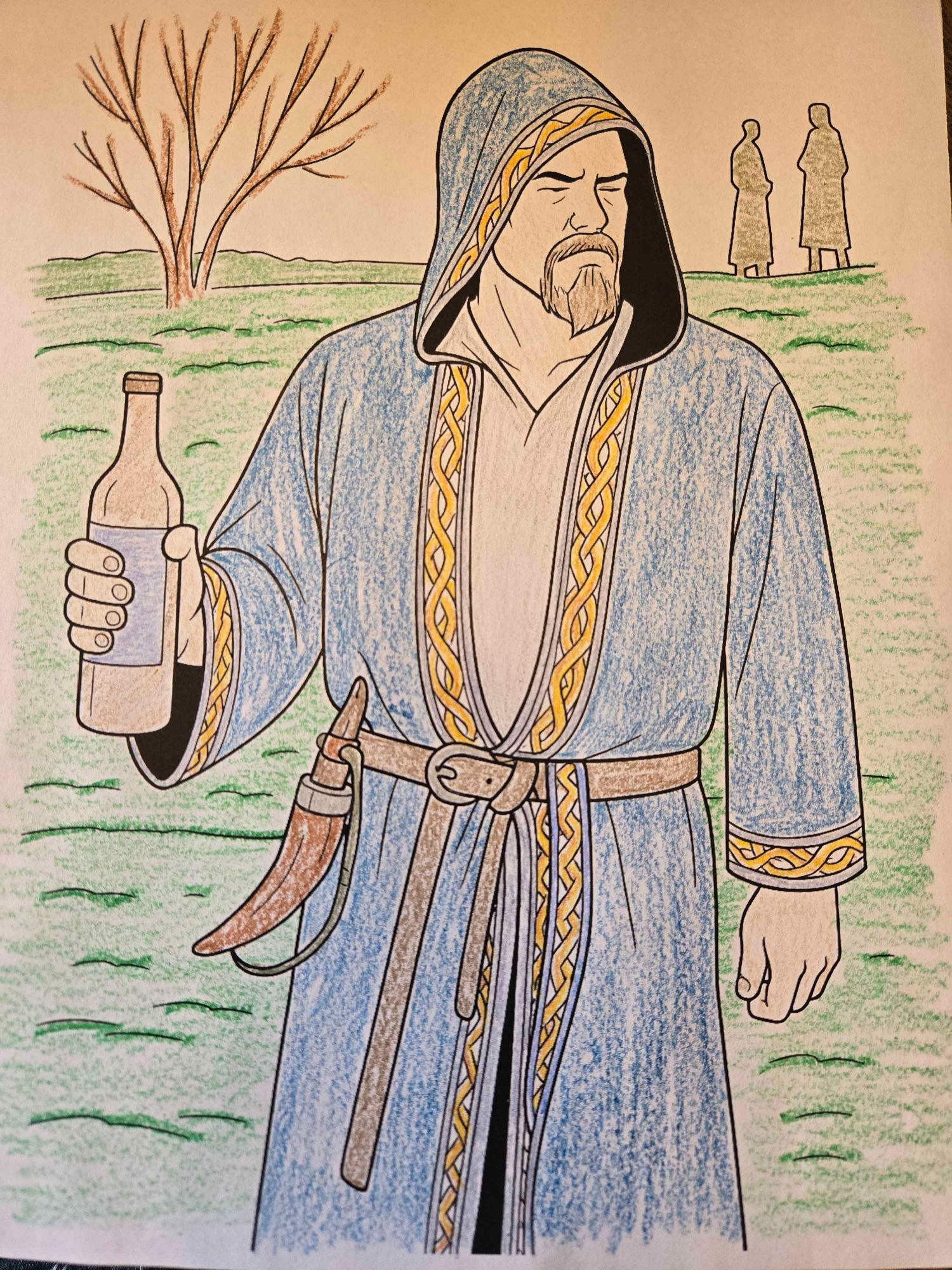 A series of sketches showing a figure in a blue medieval robe holding a bottle in different poses.
