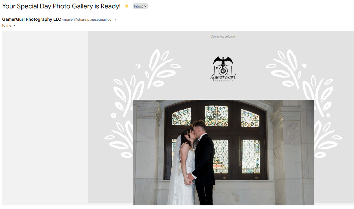 Wedding couple kissing in elegant venue with arched windows, featured in a special day photo gallery email.