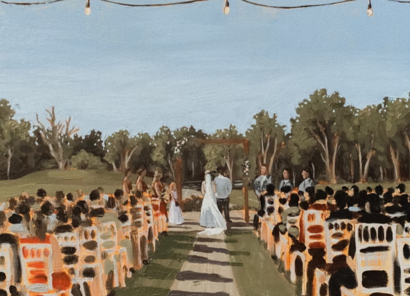 A panoramic view of a wedding ceremony setup with rows of chairs decorated in orange and white ribbons in an outdoor setting.