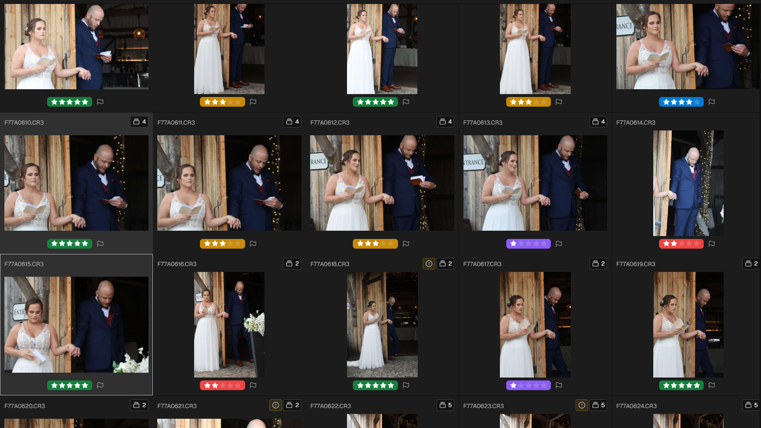 Wedding photo grid showing bride and groom posing with guests in formal attire during a reception ceremony.