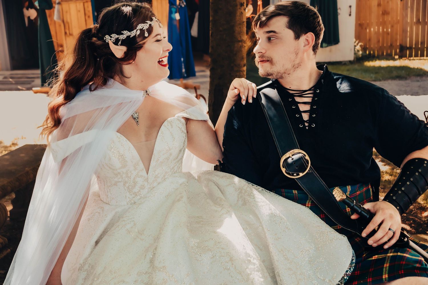 Romantic vintage-style couple photoshoot with white dress and formal attire.