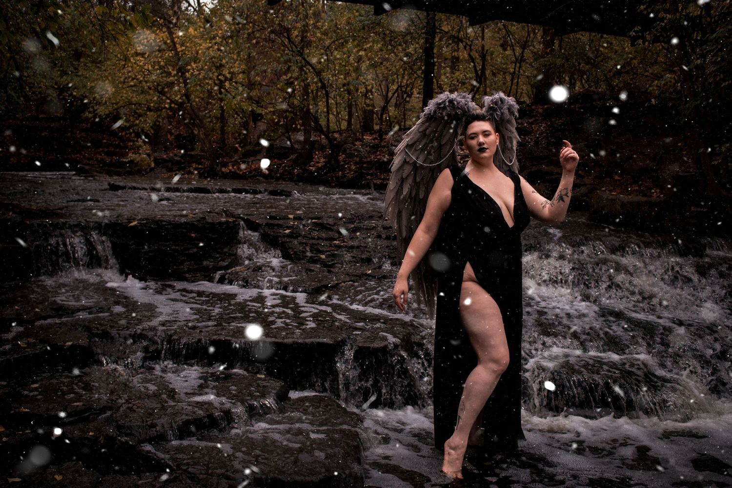 A sequence of splashing water photos showing someone jumping and playing in a rocky stream or waterfall.