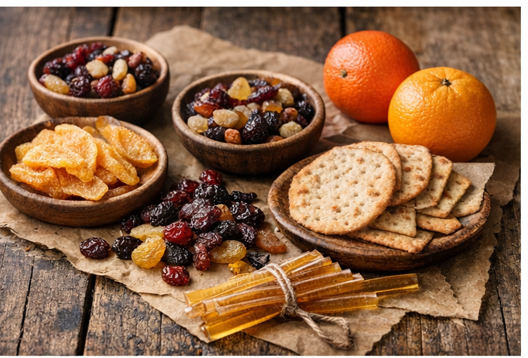 Rustic wooden table with crackers, dried fruits, nuts and fresh oranges arranged on dark bowls and parchment paper.