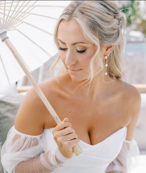 Bride in a white off-shoulder gown with elegant makeup and upswept blonde hair shown in multiple close-up poses.