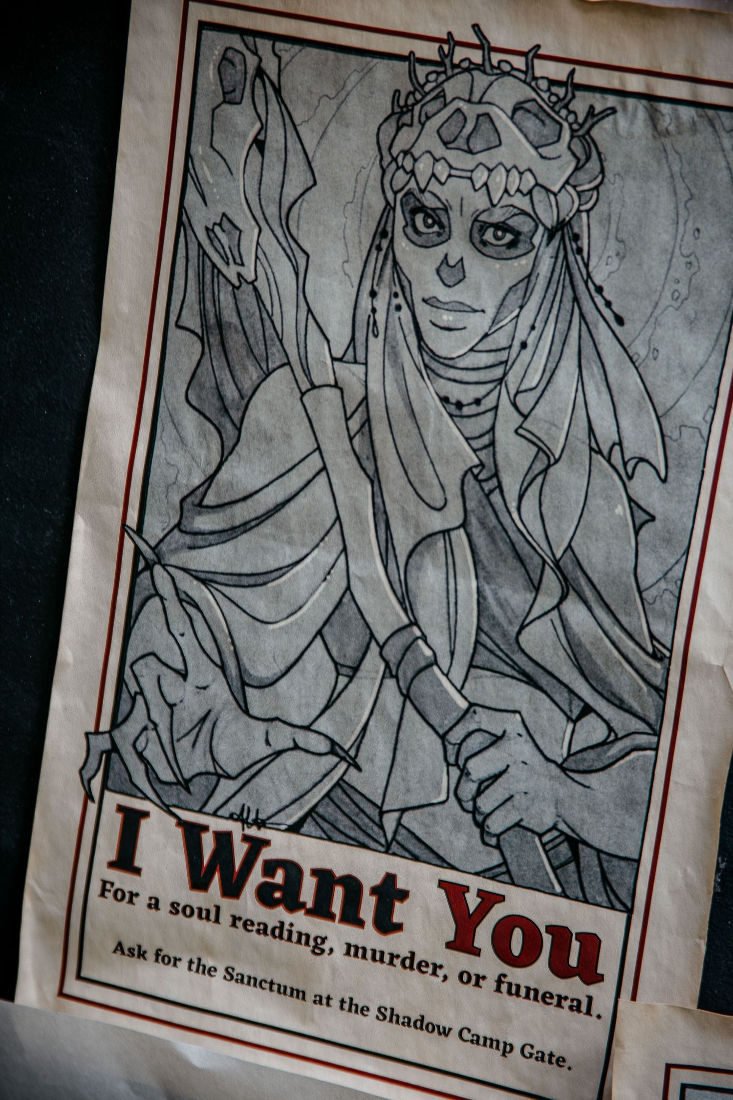 Fantasy poster featuring a skeletal queen illustration with text I Want You for soul reading, murder, or funeral at Shadow Camp Gate.