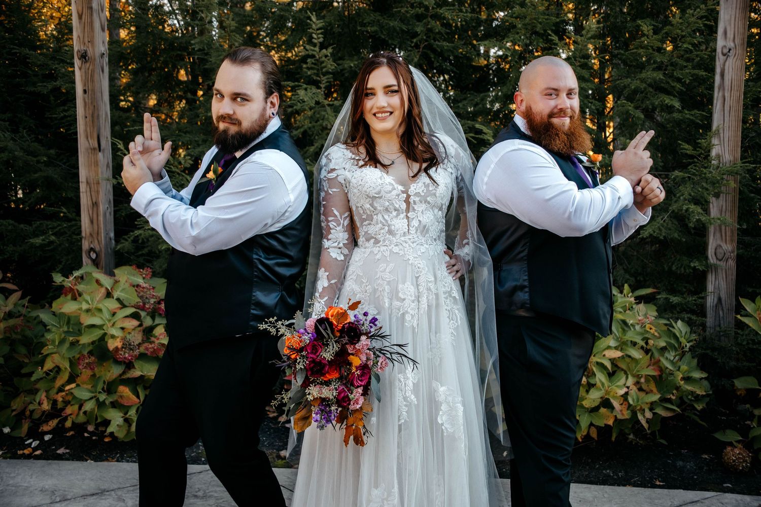 Wedding celebration photos showing joyful moments outdoors with formal attire and floral arrangements.