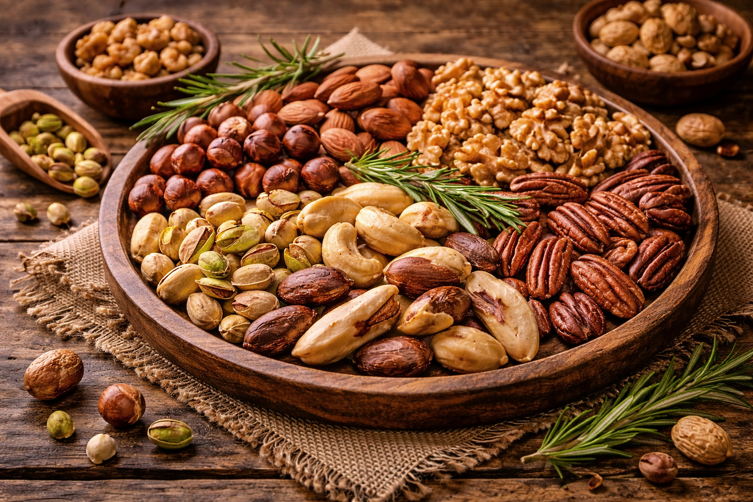 Assorted nuts and dried fruits arranged in wooden bowls on rustic wooden table with fresh rosemary sprigs.
