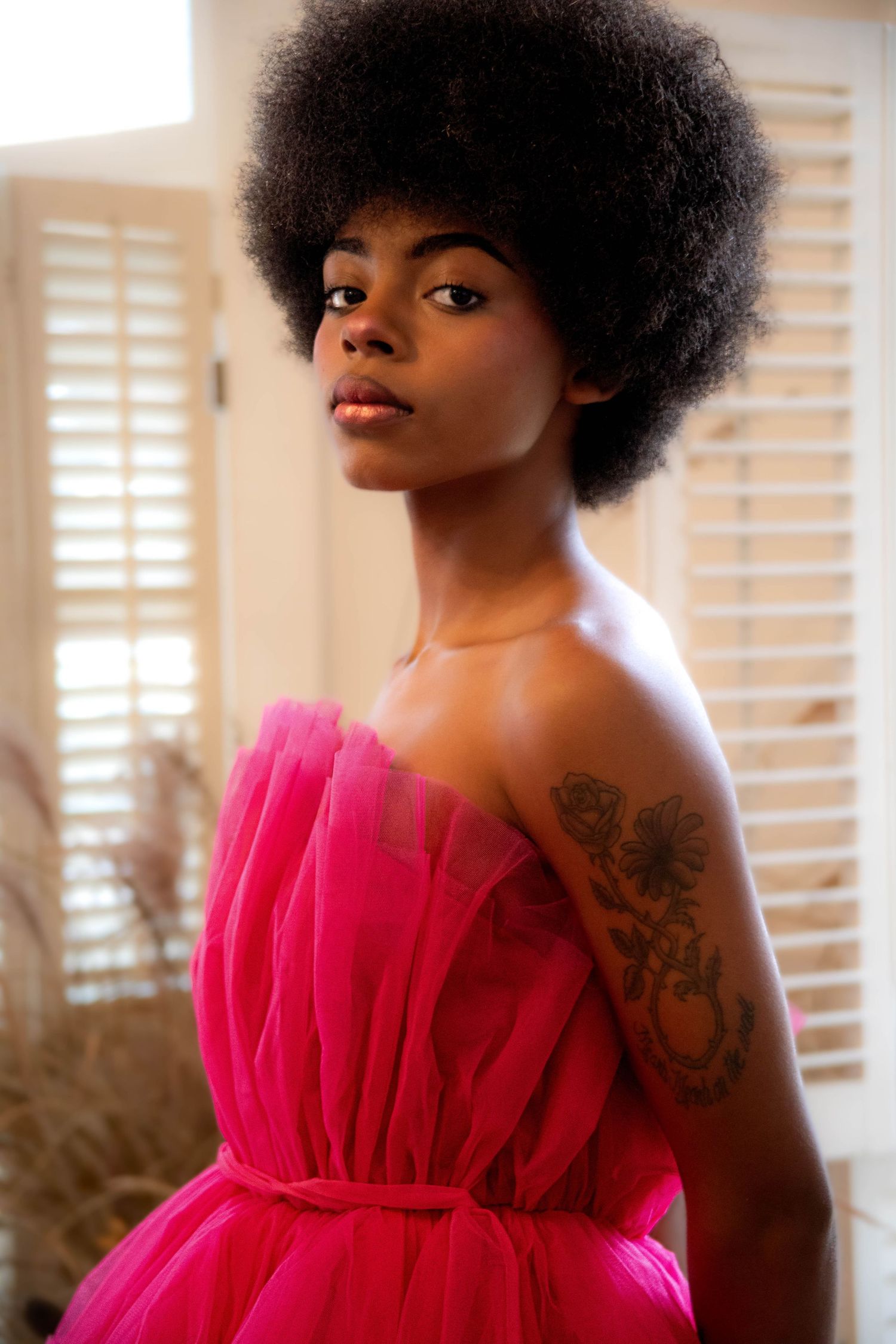 A portrait series showing a pink tulle dress against window blinds with natural lighting.
