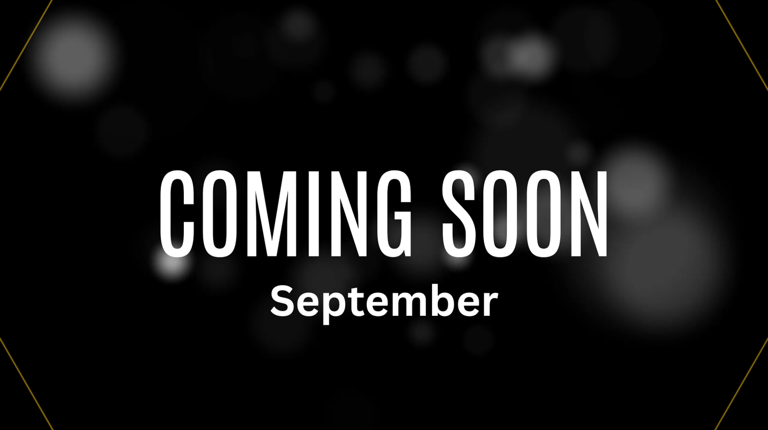 Coming Soon in September announcement graphic with bokeh lights on dark background.