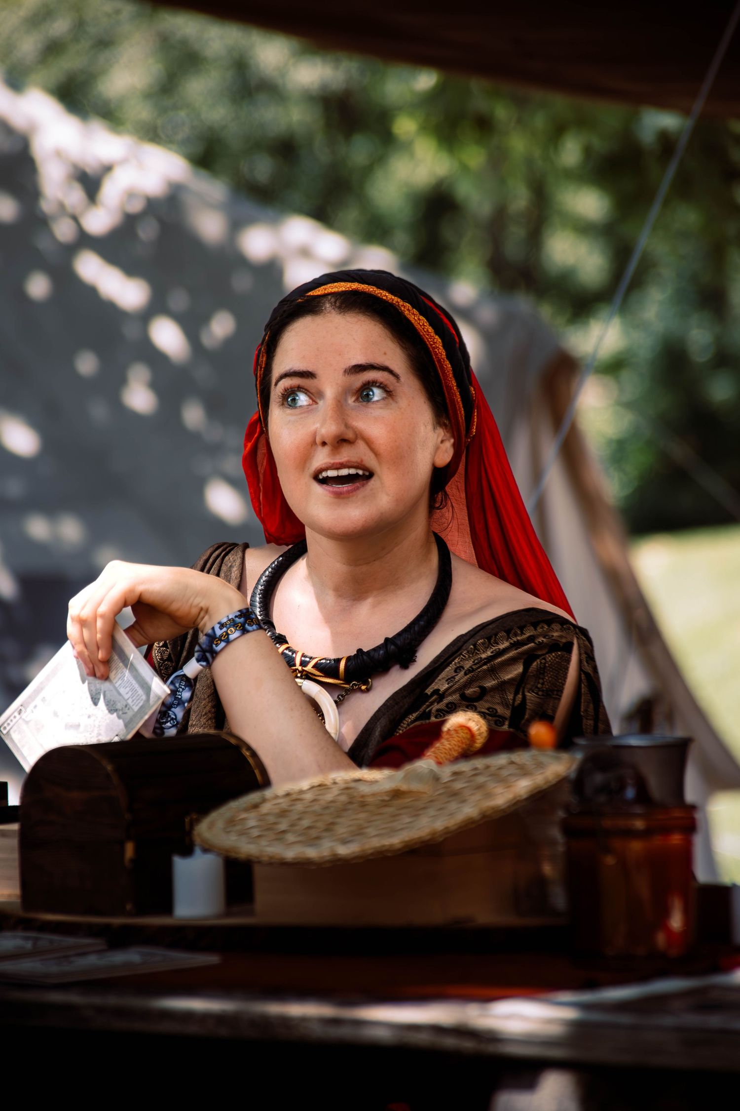 A medieval-themed scene with a red headpiece behind a wooden counter.
