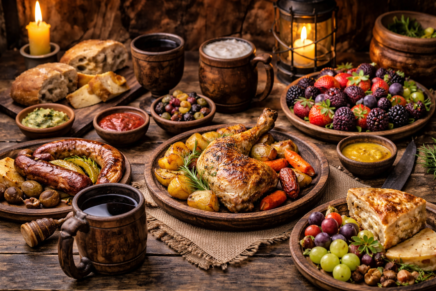 Rustic food photography collage featuring candlelit dishes, roasted meats, fresh fruits and traditional comfort foods.