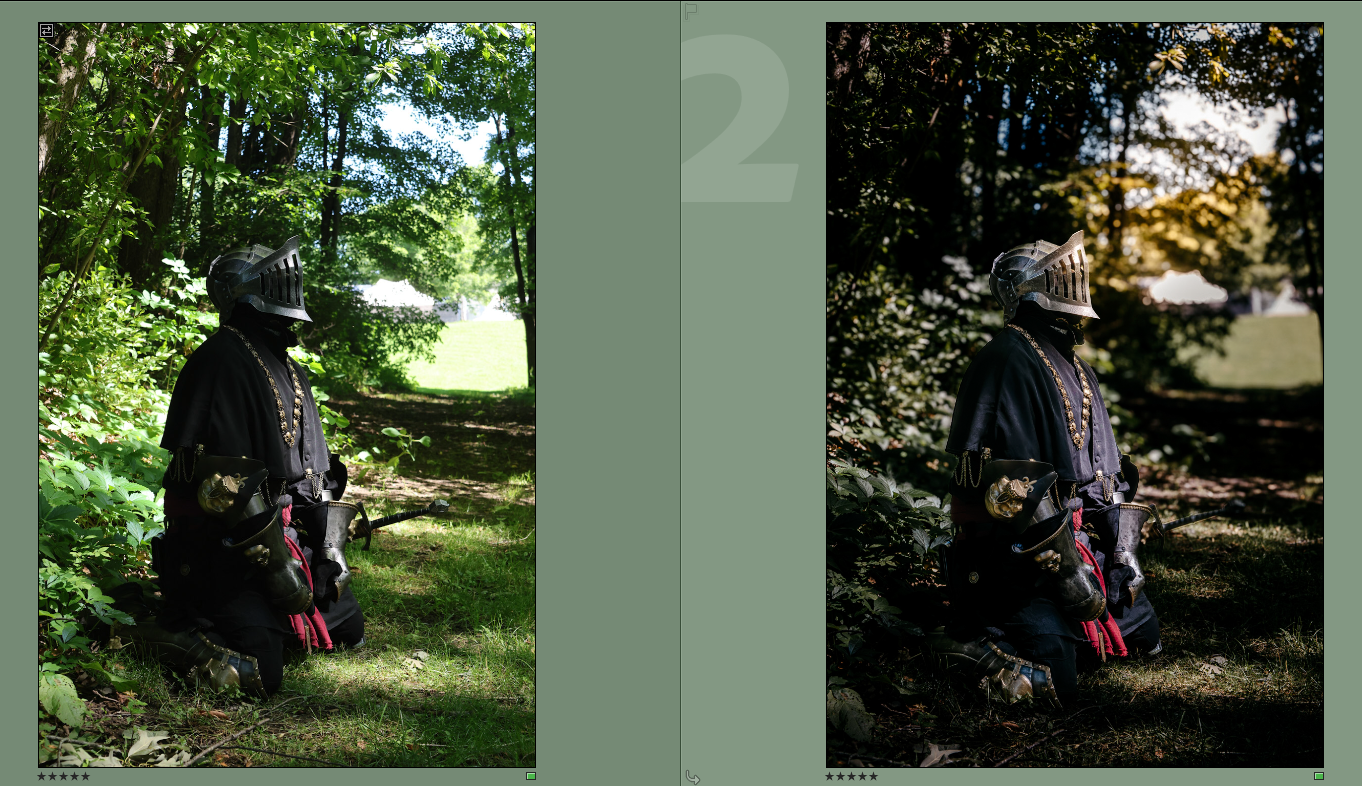 Two side-by-side photos of a Civil War reenactor in uniform kneeling in a wooded forest setting.
