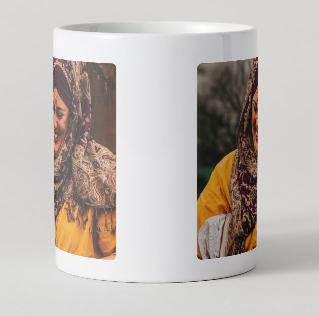 White ceramic pet bowl mockup with abstract orange and brown pattern design on gray background.
