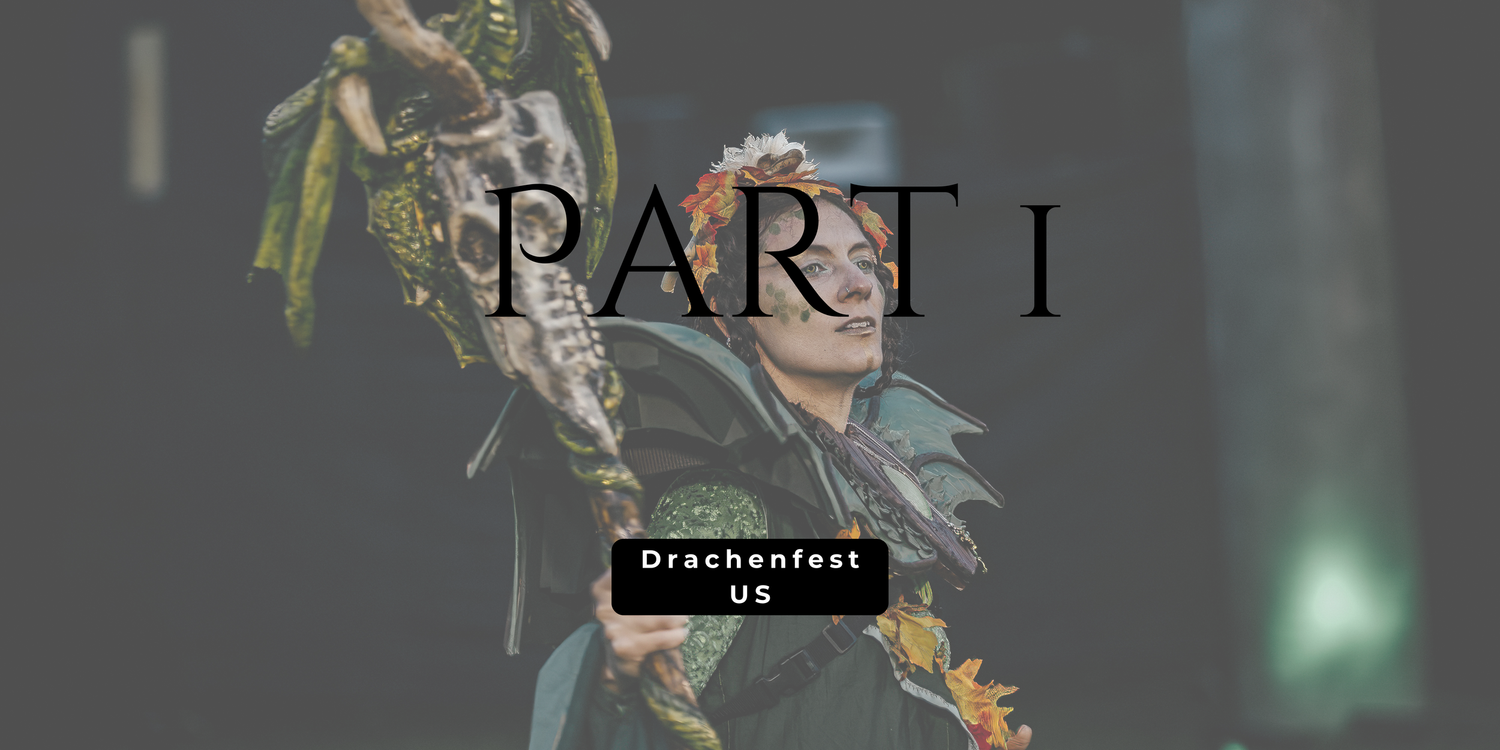 Part I title card for Drachenfest US event featuring a performer in elaborate costume against dark background.