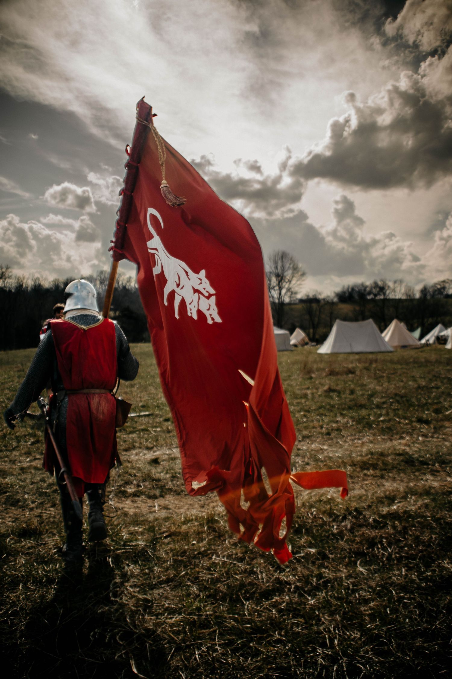 Medieval knight stands beside a red banner with animal emblem against dramatic cloudy sky and teepees in background.