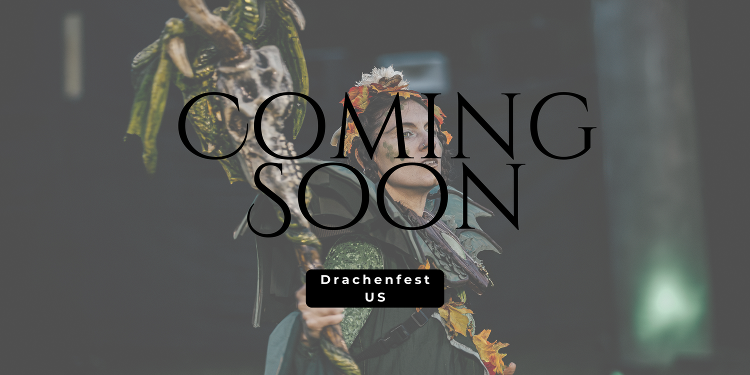 Coming Soon banner for Drachenfest US featuring a costumed warrior in elaborate fantasy armor and feathered headdress.
