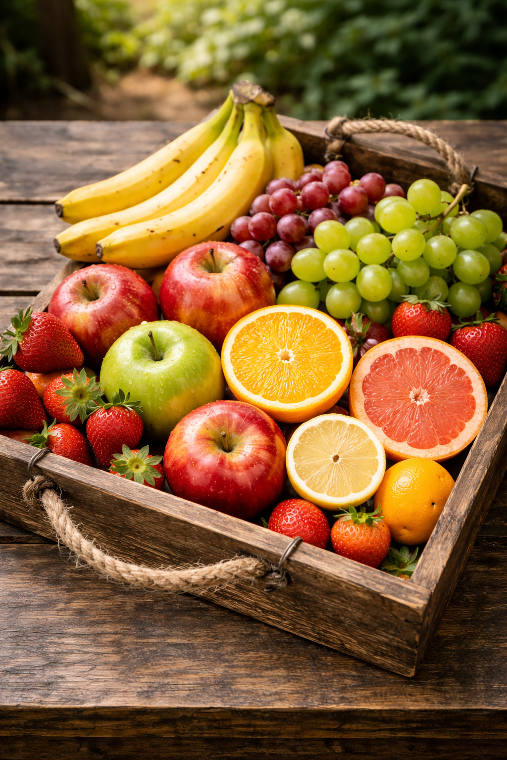 Fresh fruits including bananas, apples, grapes, oranges and grapefruit arranged in rustic wooden crate on dark table.