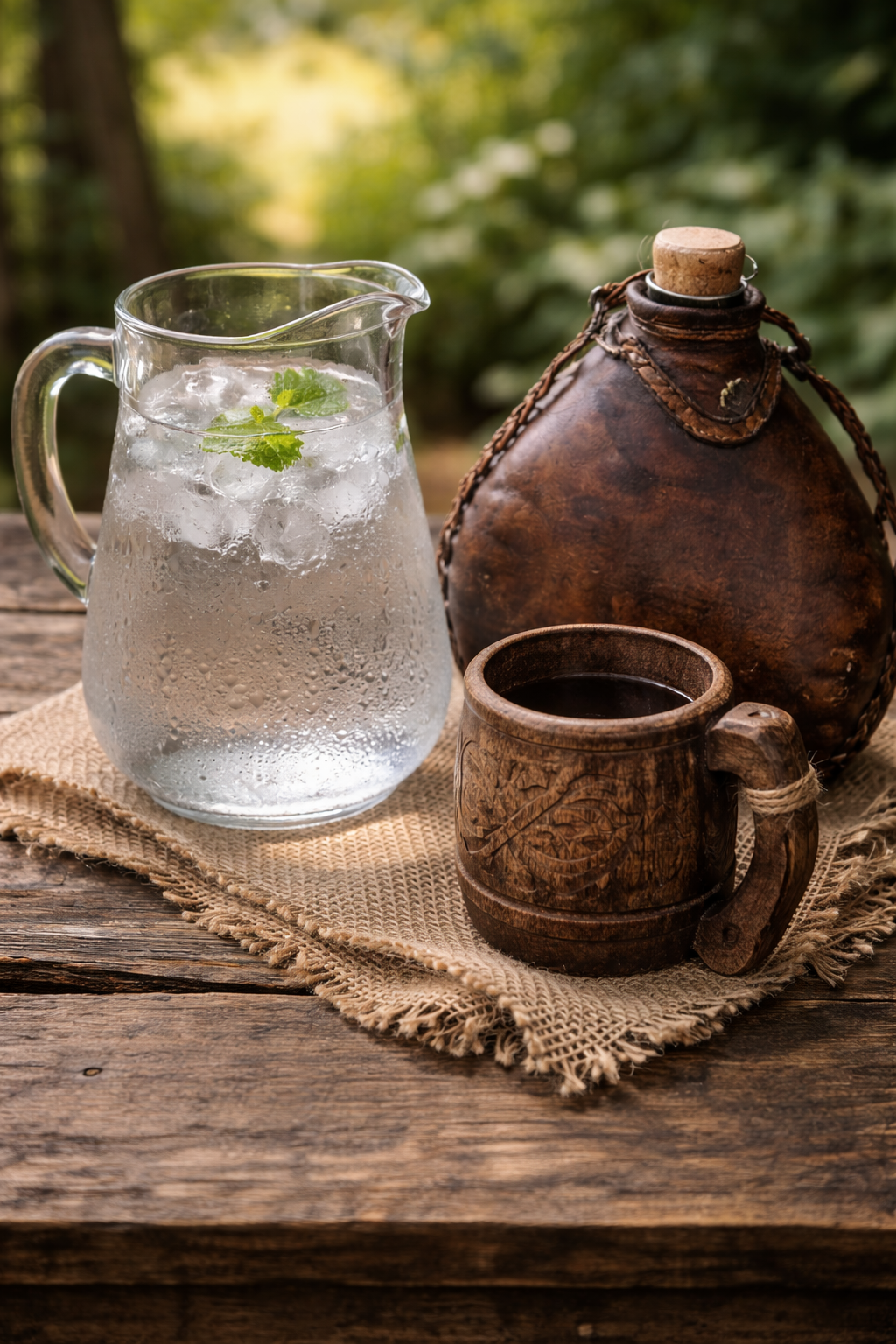 Rustic ceramic teapot and glass with ice on burlap and wooden surface in warm natural lighting.