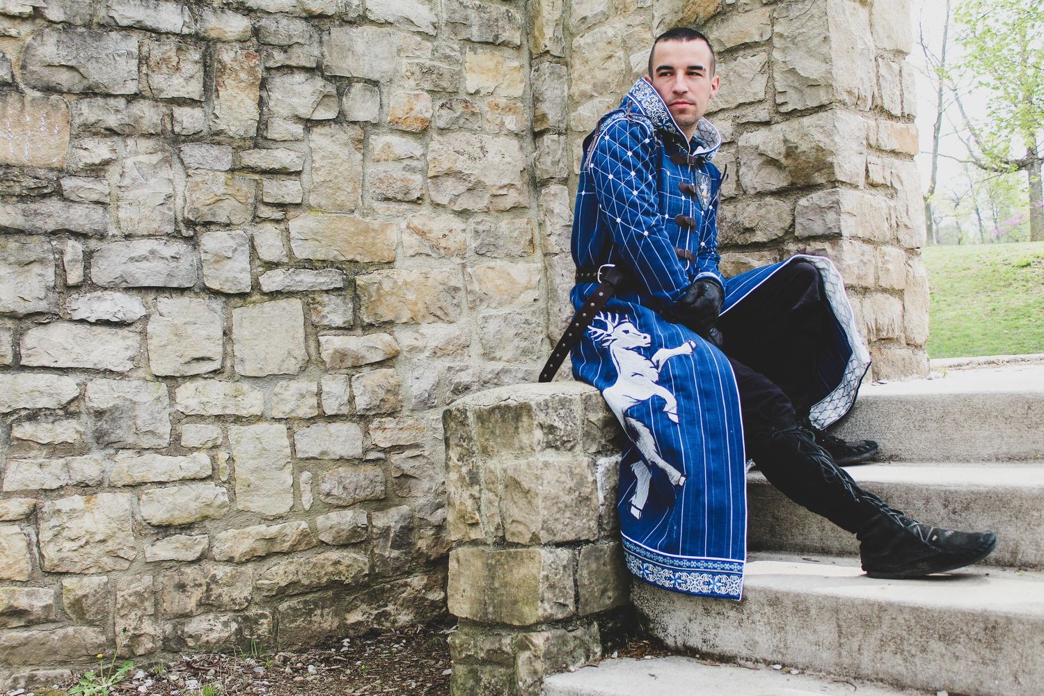 A sequence of photos showing blue sneakers on stone steps against an old stone wall.