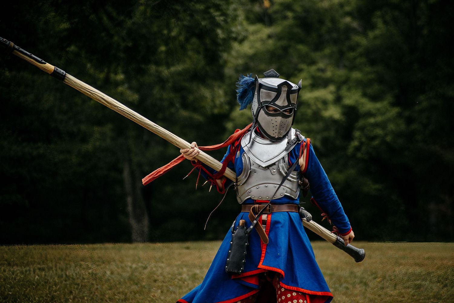 A costumed knight in blue armor wielding a lance in a grassy field with forest background.