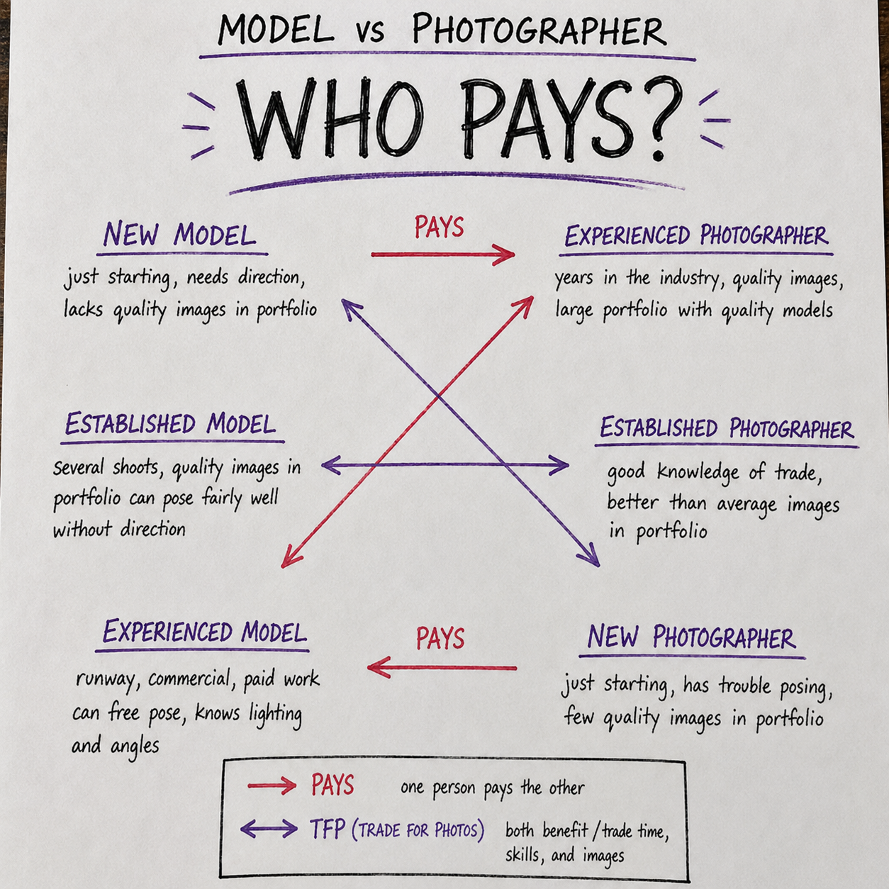 Infographic explaining who pays in model vs photographer collaborations, covering TFP and paid arrangements by experience level.