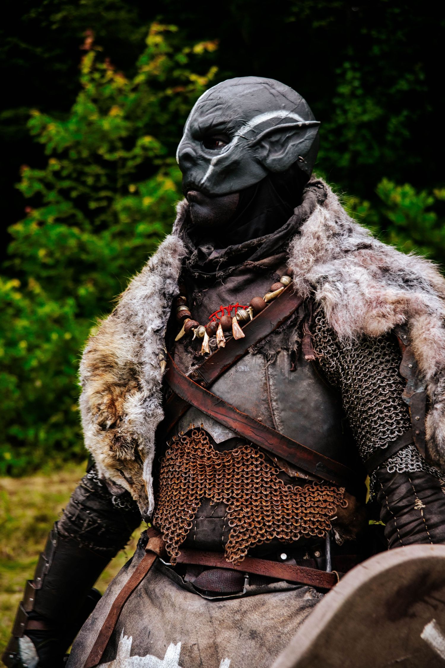 Medieval knight wearing chainmail armor and fur cloak in dramatic forest setting.