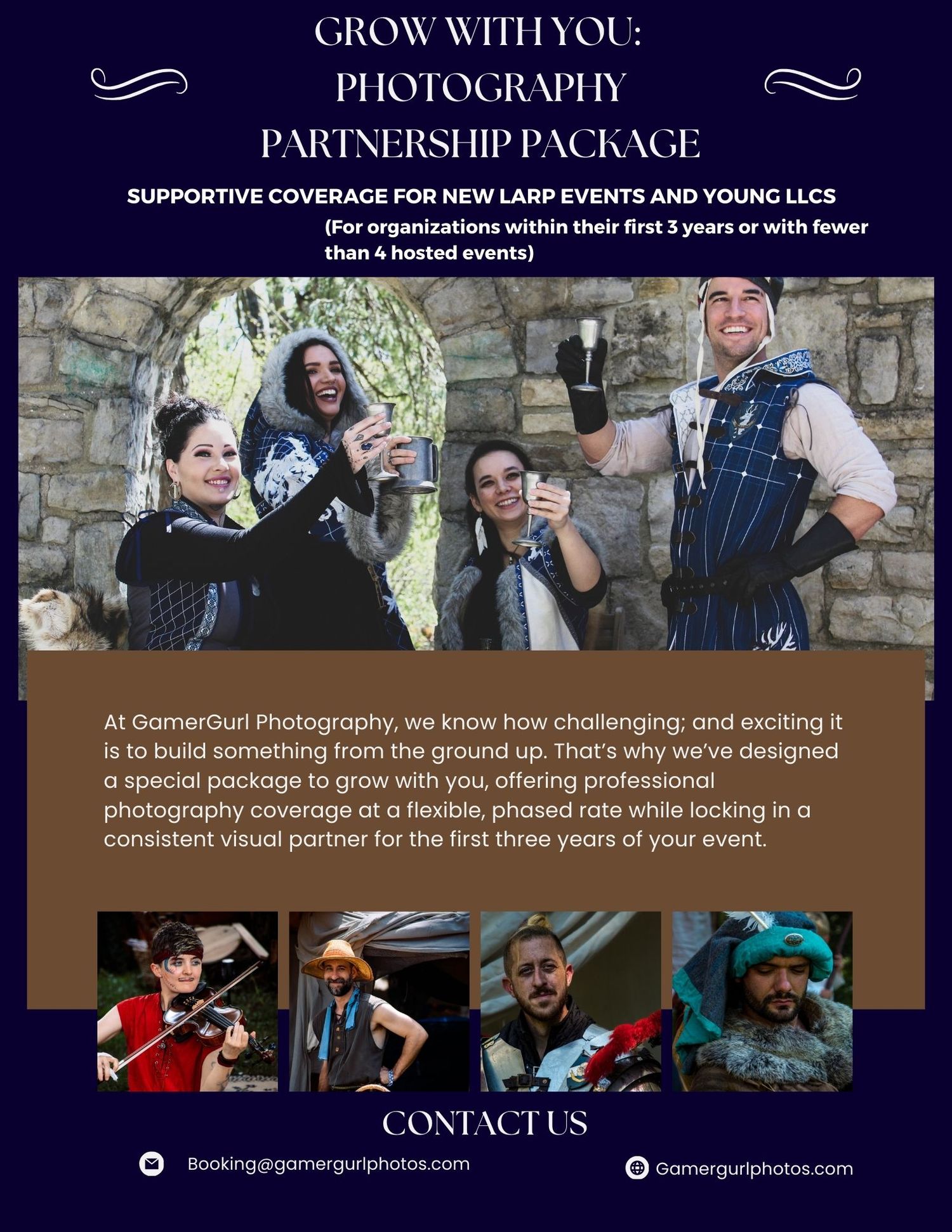 Photography partnership package flyer featuring LARP event photos with costumed performers at GamerGurl Photography.