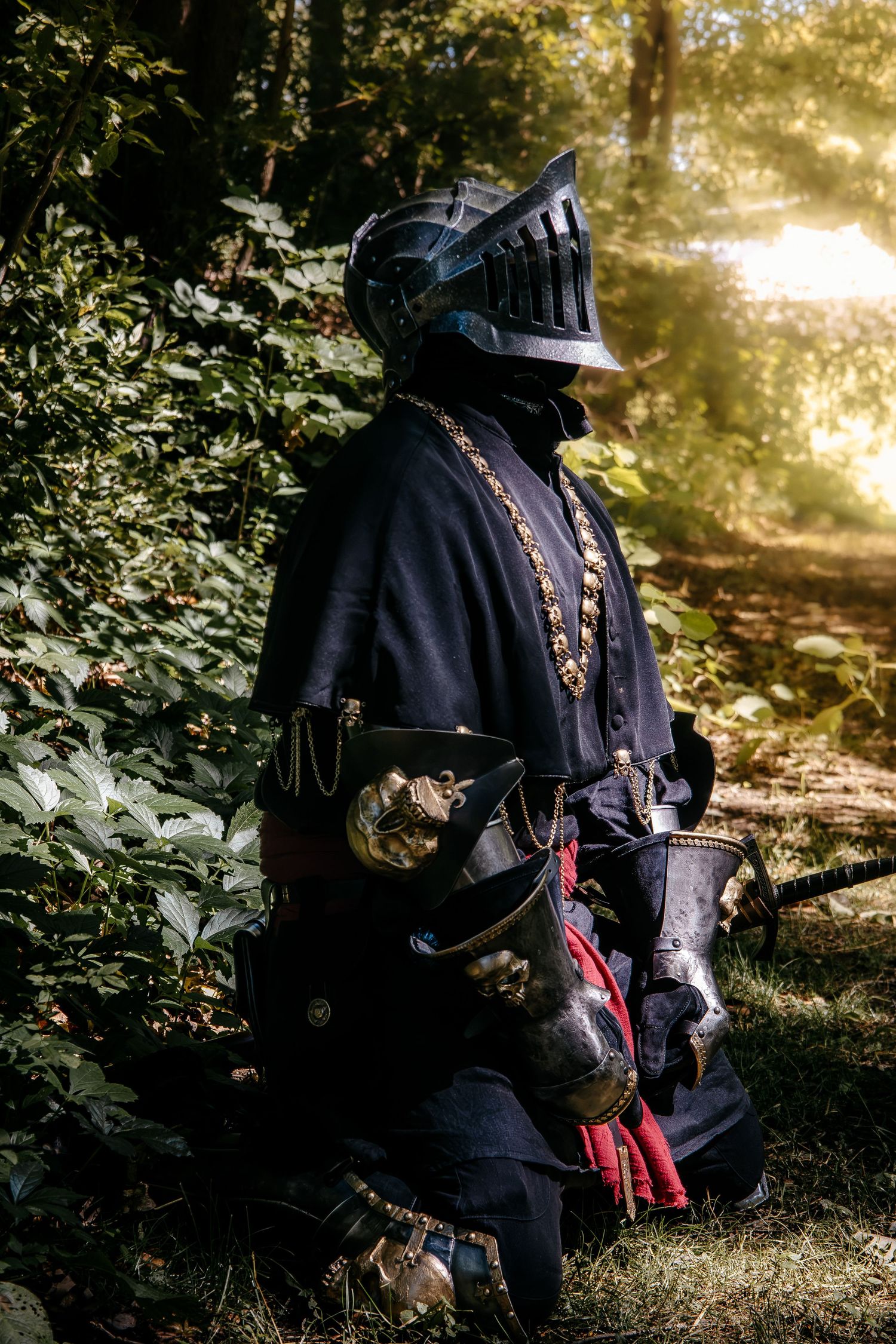 A medieval knight in dark armor and helmet stands in a sunlit forest wearing a black cloak with gold chain detail.