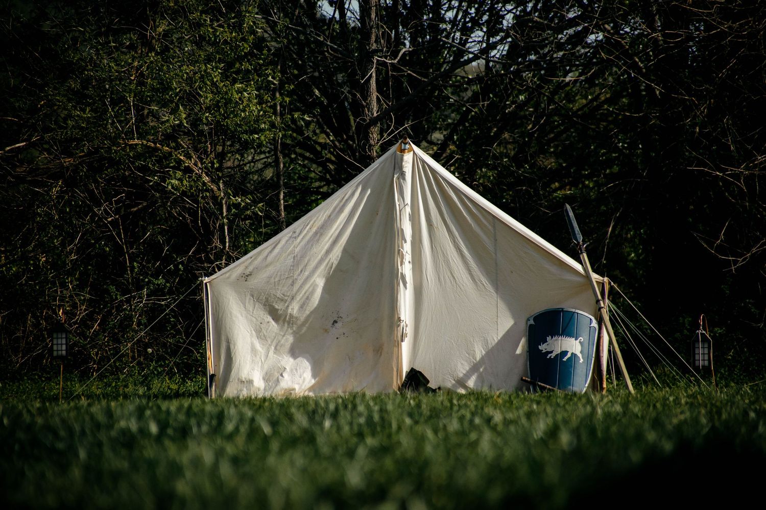White canvas tent pitched in a wooded campground at dusk with trees silhouetted against the darkening sky.