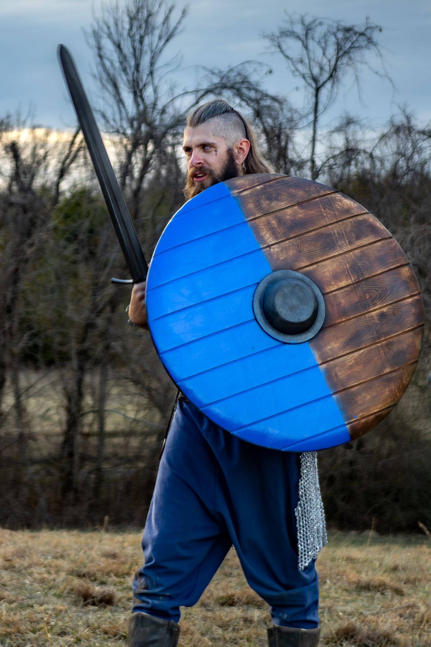 A blue and brown wooden Viking shield is shown from multiple angles against a natural outdoor background.