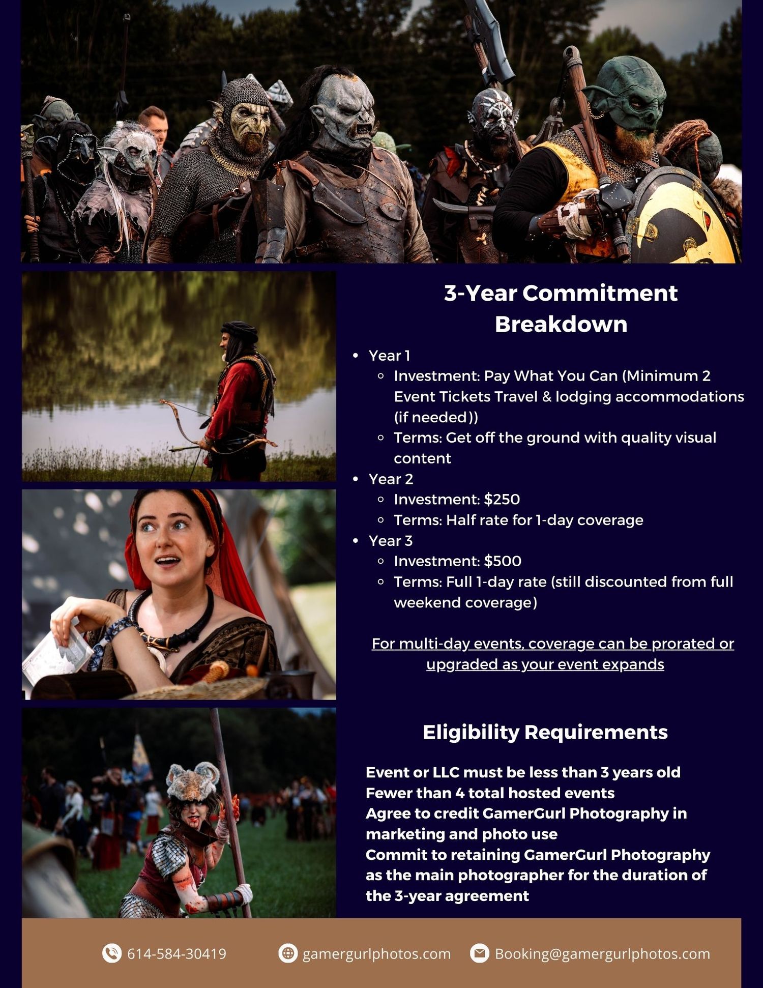 Flyer showing a 3-year photography commitment breakdown and eligibility requirements for event coverage with fantasy cosplay images.
